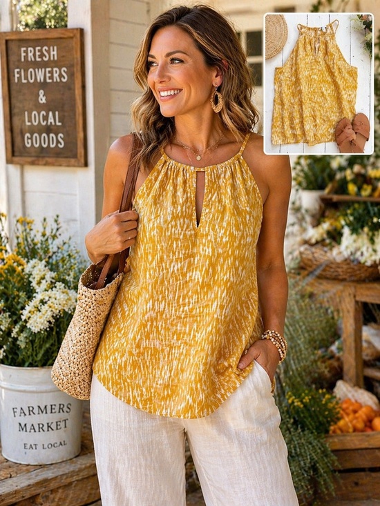 Nine West Tops - Nine West Mustard Yellow Halter Tank Top Ikat Print XL